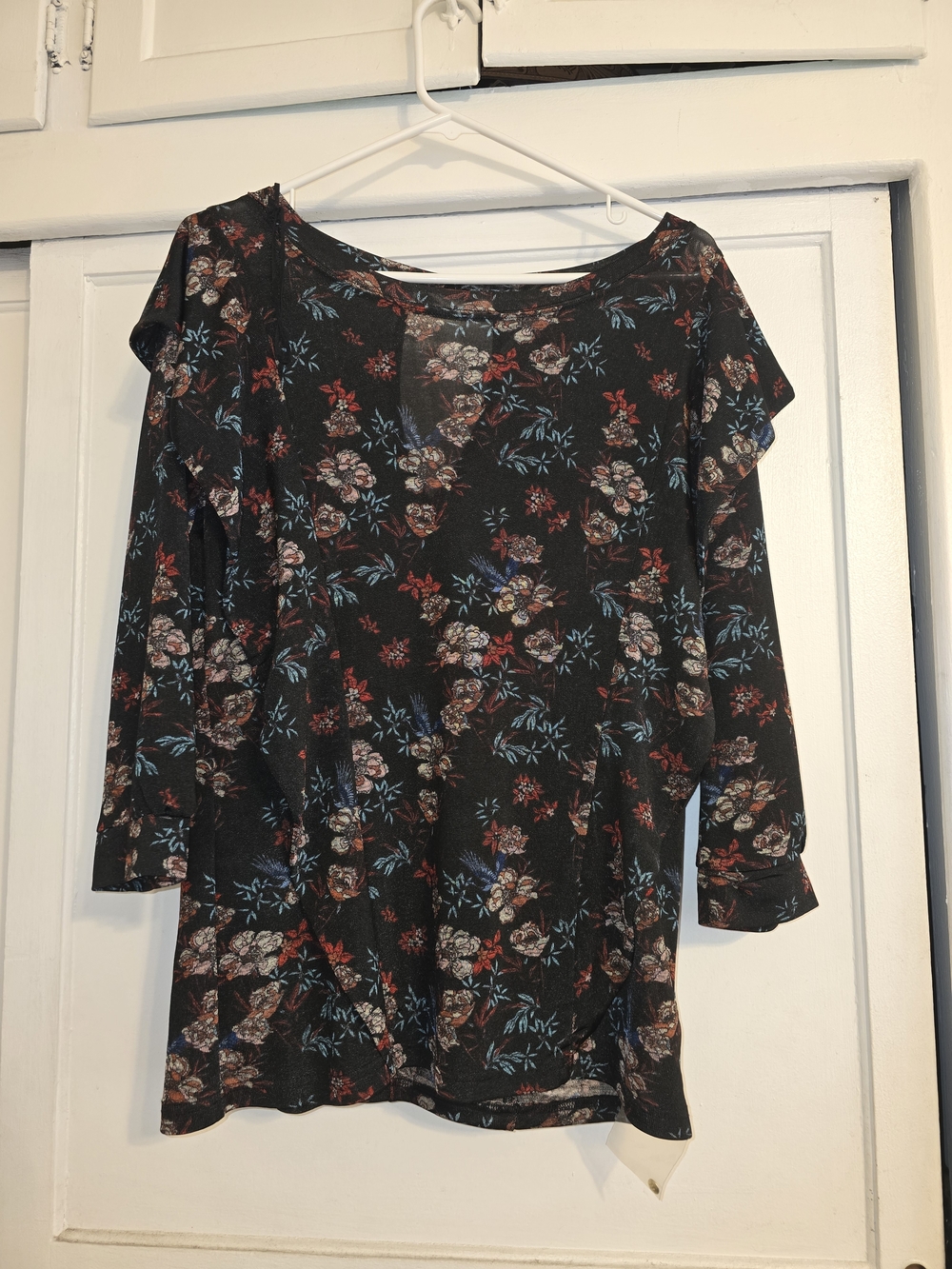 Free People Black Floral Blouse with Blue and Red Accents